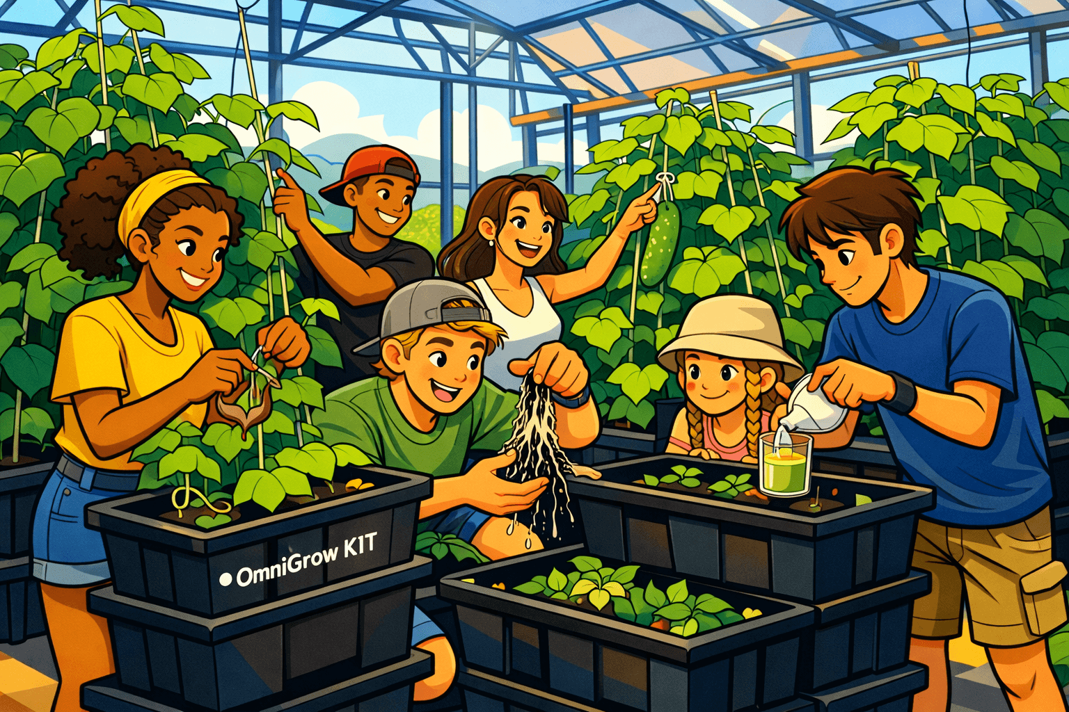 Youth engaging with OmniGrow KIT in a greenhouse